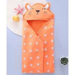 Babyhug Terry Knit Hooded Towel with Floral Print - Orange