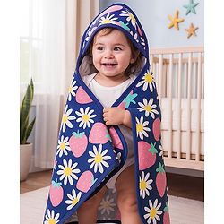 Babyhug Terry Knit Hooded Towel with Floral & Strawberry  Print L 76.2 x B 76.2 cm - Navy Blue