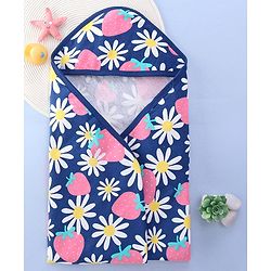 Babyhug Terry Knit Hooded Towel with Floral & Strawberry  Print L 76.2 x B 76.2 cm - Navy Blue