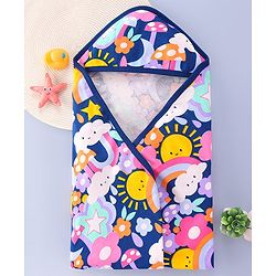 Babyhug  Terry Hooded Towel with Sun & Rainbow Print L 76.2 x B 76.2 cm - Navy Blue