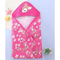 Babyhug Terry Knit Hooded Towel with Floral & Deer Print L 76.2 x B 76.2 cm - Pink