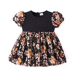 Babyhug Organza Woven Puffed Sleeves Frock With Floral Print - Black