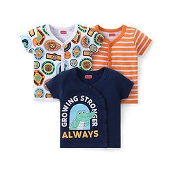 Babyhug 100% Cotton Knit Half Sleeves Striped & Printed Set Of Vests Pack Of 3 - Multicolor