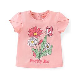 Babyhug Cotton Knit Half Sleeves Top With Floral Graphics - Pink