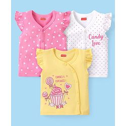 Babyhug 100% Cotton Knit Frill Sleeves Front Open Jhablas with Heart & Candies Print Pack Of 3 - Multicolour