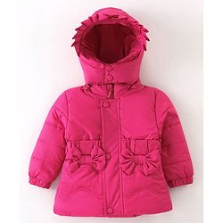 Babyhug Woven Full Sleeves Padded Hooded Winter Jacket with Bow Applique & Pockets - Dark Pink