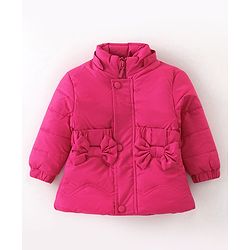 Babyhug Woven Full Sleeves Padded Hooded Winter Jacket with Bow Applique & Pockets - Dark Pink