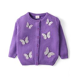 Babyhug Knitted Full Sleeves Front Open Sweater With Butterfly Patch Detailing - Lavender