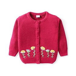 Babyhug Knitted Full Sleeves Front Open Sweater With Floral Embroidery Detailing - Fuchsia