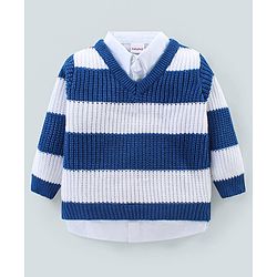 Babyhug Knitted Full Sleeves Collar Neck Pullover Sweater with Stripes Design - White & Blue