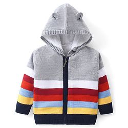 Babyhug Knitted Full Sleeves Striped Front Open Hooded Sweater -Multicolor