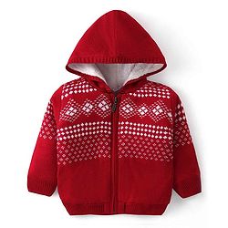 Babyhug Knit Full Sleeves Hooded Sweater Aztec Design - Red
