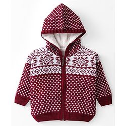 Babyhug Knitted Full Sleeves Front Open Hooded Sweater With Aztec Design - Red