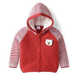 Babyhug Knitted Full Raglan Sleeves Front Open Hooded Sweater With Cable Knit Design - Red