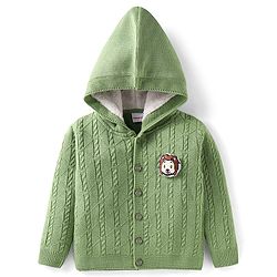 Babyhug Knitted Full Sleeves Front Open Hooded Sweater with Lion Applique - Green