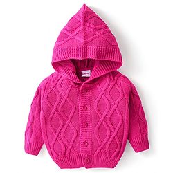 Babyhug Knitted Full Sleeves Front Open Hooded Sweater with Cable Knit Design - Pink