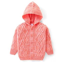 Babyhug Knit Full Sleeves Front Open Hooded Sweater with Cable Knit Design - Orange