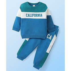 Babyhug Terry Jogger Full Sleeves Cut &  Sew T-Shirt & Jogger with Text Print - Blue