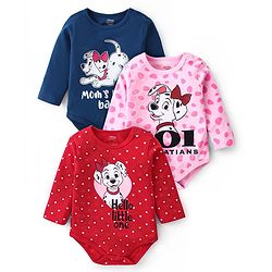 Babyhug Disney Cotton Knit Full Sleeves 101 Dalmatians Graphic Onesies Pack of 3 - Red Blue & Pink