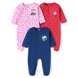 Babyhug Disney Interlock Knit Full Sleeves Footed Sleep Suits with 101 Dalmatians Graphics Pack of 3 - Red Navy & Pink