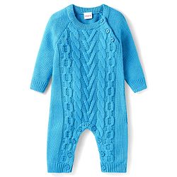 Babyhug Sweater Knit Full Raglan Sleeves Winter Romper with Cable Knit Design - Light Blue