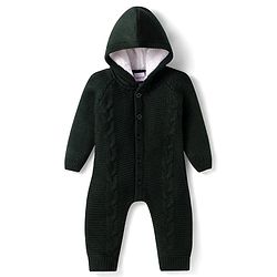 Babyhug Sweater Knit Full Raglan Sleeves Hooded  Winter Romper with Cable Knit Design - Dark Green