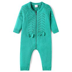 Babyhug Knit Full Raglan Sleeves Winter Wear Romper with Cable Knit Design & Bow Applique - Green