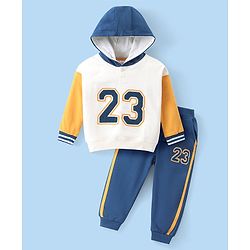 Babyhug Cotton Knit Full Sleeves Hooded T-Shirt & Lounge Pants Set With Number Print - White & Blue