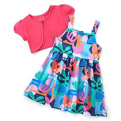 Babyhug Single Jersey Knit Frock with Half Sleeves Shrug & Floral Print - Blue & Pink