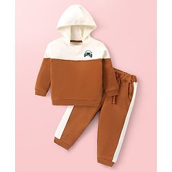 Babyhug Cotton Knit Full Sleeves Hooded Color Block T-Shirt Lounge Pants Set With Jeep Print - Brown & White