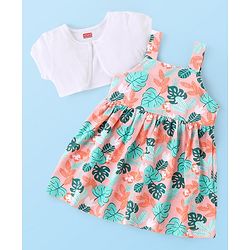 Babyhug Single Jersey Knit Half Sleeves Shrug with Tropical Theme Frock - Multicolor