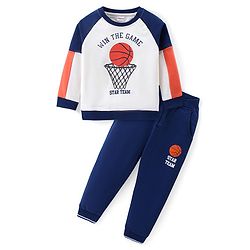 Babyhug Cotton Knit Full Sleeves Color Block T-Shirt & Lounge Pants Set With Basketball Print - White & Blue