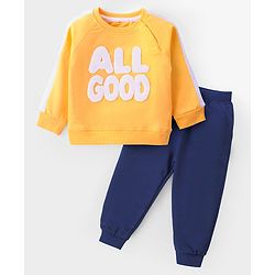 Babyhug Cotton Knit Raglan Sleeves T-Shirt & Lounge Pants Set With Text Embroidery - Yellow & Blue