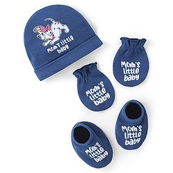 Babyhug Disney Cotton Knit Cap Mittens & Booties Set with 101 Dalmatians Graphics - Blue
