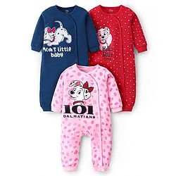 Babyhug Disney Cotton Knit Full Sleeves 101 Dalmatians Graphic Rompers Pack of 3 - Red Blue & Pink
