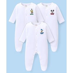 Babyhug Disney Interlock Knit Full Sleeves Solid Sleep Suits With Mickey & Friends Print  Pack Of 3 - White