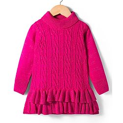 Babyhug Sweater Knit Full Sleeves Pullover Sweaters with Frill Detailing & Cable Knit Design - Fuchsia