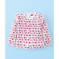 Babyhug Cotton Knit Full Sleeves Top With Frill Detailing & Floral Print - White