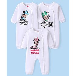 Babyhug Disney Interlock Knit Full Sleeves Front Open Rompers with Minnie Mouse Graphic Pack of 3 -White