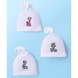 Babyhug Disney  Interlock Knitted Caps With Minnie Mouse Graphic and Knot Detailing Pack of 3 - White
