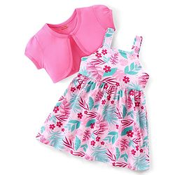Babyhug Single Jersey Knit Half Sleeves Shrug with Floral Print Frock - Pink