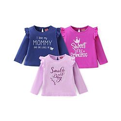 Babyhug Cotton knit Full Sleeves Tops with Frill Detailing & Text Print Pack of 3 - Multicolour