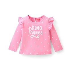 Babyhug Cotton Knit Full Sleeves Top with Frill Detailing Polka Dots & Text Print - Pink