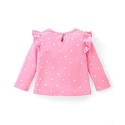 Babyhug Cotton Knit Full Sleeves Top with Frill Detailing Polka Dots & Text Print - Pink