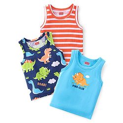 Babyhug 100% Cotton Knit Sleeveless Antibacterial Sandos with Striped & Dino Print Pack of 3 - Blue & Red
