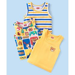 Babyhug 100% Cotton Knit Sleeveless Antibacterial Sandos with Striped & Animal Print Pack of 3 - Blue & Yellow