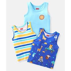 Babyhug 100% Cotton Single Jersey Knit Sleeveless Antibacterial Sandos with Stripes & Animals Print Pack of 3 - Yellow & Blue