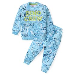 Babyhug Cotton Knit  Full Sleeves T-Shirt & Lounge Pants Set With Dino Print - Blue