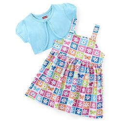 Babyhug Cotton Knit Frock with Half Sleeves Shrug Floral Print - Multicolour