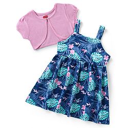 Babyhug Single Jersey Knit Frock with Half Sleeves Shrug Floral Print - Navy Blue & Pink